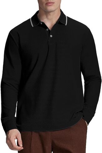 Susclude Men's Long Sleeve Polo Shirts - Classic Fit Comfy Casual Golf Office Business Shirts Holiday Stylish Collar Tops in Kuwait