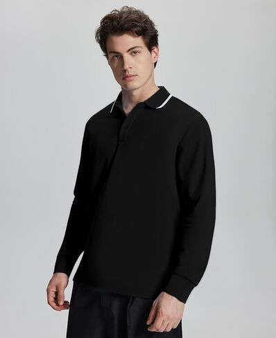 Susclude Men's Long Sleeve Polo Shirts - Classic Fit Comfy Casual Golf Office Business Shirts Holiday Stylish Collar Tops in Kuwait