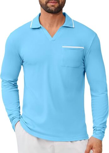 Mens Polo Shirts Long Sleeve Lightweight Casual Collared Polo Shirt Vintage Golf T Shirts Old Money Tops with Pocket in Saudi Arabia