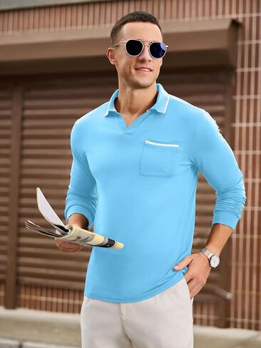 Mens Polo Shirts Long Sleeve Lightweight Casual Collared Polo Shirt Vintage Golf T Shirts Old Money Tops with Pocket in Saudi Arabia