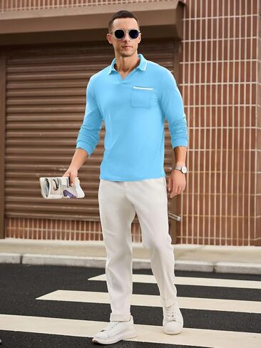 Mens Polo Shirts Long Sleeve Lightweight Casual Collared Polo Shirt Vintage Golf T Shirts Old Money Tops with Pocket in Saudi Arabia