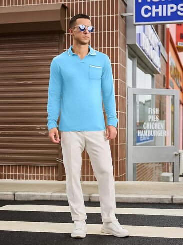 Mens Polo Shirts Long Sleeve Lightweight Casual Collared Polo Shirt Vintage Golf T Shirts Old Money Tops with Pocket in Saudi Arabia