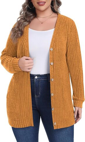 Lastshe Women's Plus Size Cardigan Sweaters Button Down Long Sleeve Fall Cardigans Knit Outwear with Pockets in Kuwait