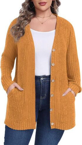 Lastshe Women's Plus Size Cardigan Sweaters Button Down Long Sleeve Fall Cardigans Knit Outwear with Pockets in Kuwait