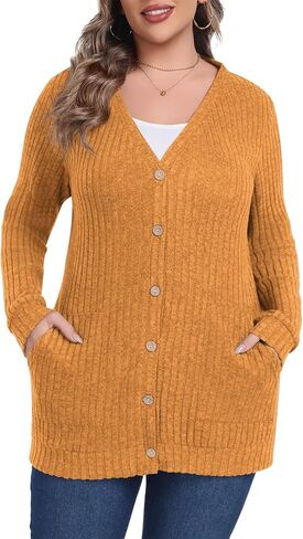 Lastshe Women's Plus Size Cardigan Sweaters Button Down Long Sleeve Fall Cardigans Knit Outwear with Pockets in Kuwait