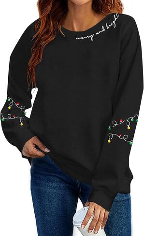 Gihuo Women's Christmas Sweatshirt Merry and Bright Holiday Pullover Long Sleeve Christmas Lights Design Soft Cotton Blend in Saudi Arabia