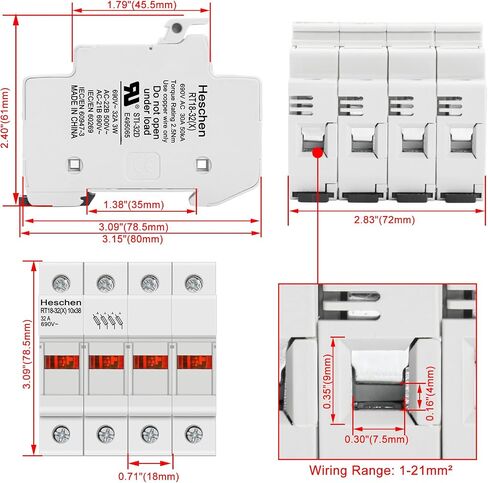 Cylindrical Fuse Holder Base RT18-32(X) 32A AC690V 4 Pole DIN Rail Mounting for RT18 RO15 10 x 38mm Fuse CE UL Listed in Saudi Arabia