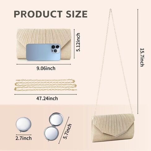 محفظة كلاتش مسائية للنساء مع حزام سلسلة قابل للتبديل ومرآة - حقيبة يد لحفلات الزفاف والحفلات الراقصة والحفلات in Kuwait