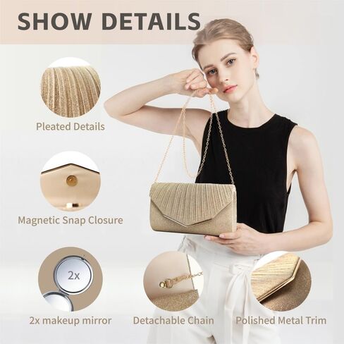 محفظة كلاتش مسائية للنساء مع حزام سلسلة قابل للتبديل ومرآة - حقيبة يد لحفلات الزفاف والحفلات الراقصة والحفلات in Kuwait