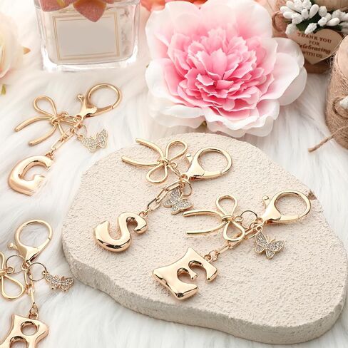 Bubble Initial Keychain with Bow & Butterfly - Gold Letter Bag Charms for Women, Cute Purse Handbag Accessories in Kuwait