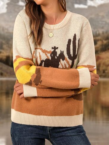 MYMORE Women's Western Cowgirl Knitted Sweater Long Sleeve Vintage Cowboy Print Color Block Crewneck Pullover Sweaters in Kuwait