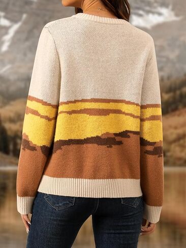MYMORE Women's Western Cowgirl Knitted Sweater Long Sleeve Vintage Cowboy Print Color Block Crewneck Pullover Sweaters in Kuwait
