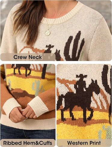MYMORE Women's Western Cowgirl Knitted Sweater Long Sleeve Vintage Cowboy Print Color Block Crewneck Pullover Sweaters in Kuwait