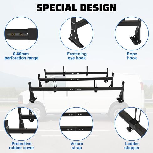 ECOTRIC 59in Roof Racks Compatible with 1996-Up Chevy Express 1500/2500/3500, 850 LBS Capacity, 3 bar roof Ladder Rack for Van Steel White in Saudi Arabia