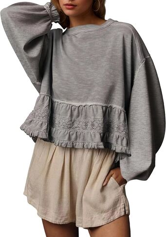 المرأة المتضخم بيبلوم البلوز كم طويل Crewneck بيبي دول الأعلى عادية كشكش الدانتيل المرقعة الخريف البلوز in Kuwait