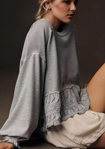 المرأة المتضخم بيبلوم البلوز كم طويل Crewneck بيبي دول الأعلى عادية كشكش الدانتيل المرقعة الخريف البلوز in Kuwait
