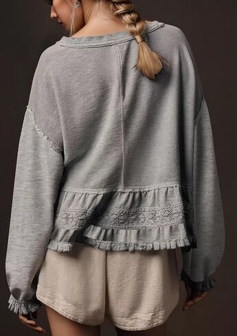 المرأة المتضخم بيبلوم البلوز كم طويل Crewneck بيبي دول الأعلى عادية كشكش الدانتيل المرقعة الخريف البلوز in Kuwait