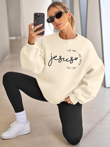 MOUSYA Jesus سويت شيرت نسائي كبير الحجم سترة مسيحية يسوع الطريق الحقيقة الحياة قميص ديني كم طويل in Kuwait