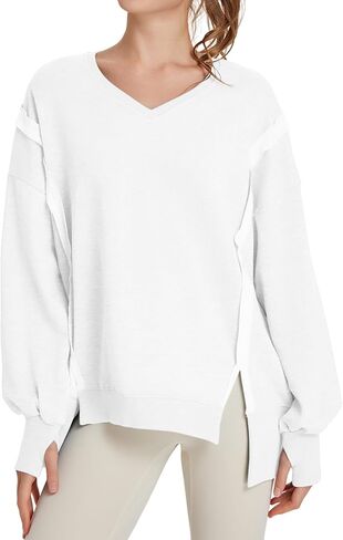 TAKEYAL Women's Oversized Sweatshirts Side Slit Long Sleeve V Neck Sweatshirt Casual Loose Pullover in Saudi Arabia