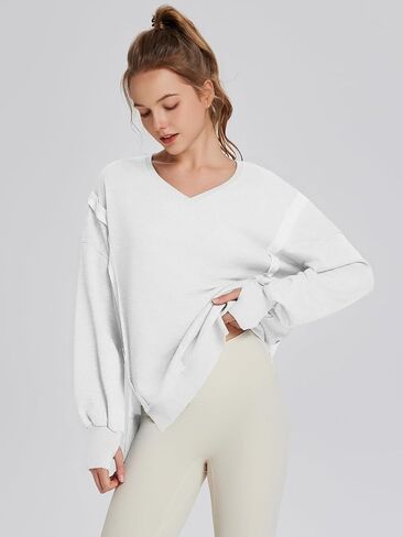 TAKEYAL Women's Oversized Sweatshirts Side Slit Long Sleeve V Neck Sweatshirt Casual Loose Pullover in Saudi Arabia