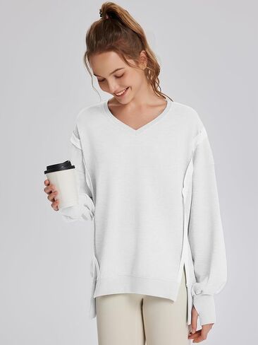 TAKEYAL Women's Oversized Sweatshirts Side Slit Long Sleeve V Neck Sweatshirt Casual Loose Pullover in Saudi Arabia