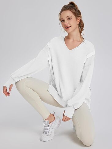 TAKEYAL Women's Oversized Sweatshirts Side Slit Long Sleeve V Neck Sweatshirt Casual Loose Pullover in Saudi Arabia