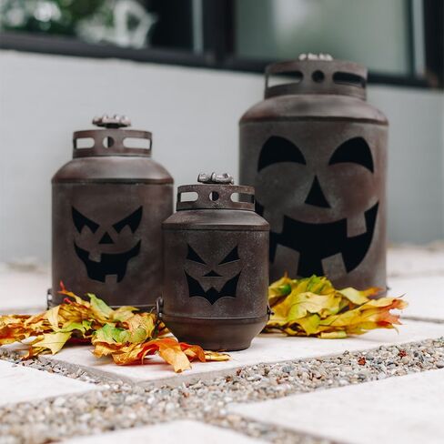 Patina Pumpkin Lantern (Set of 3) , Fall, Metal Jack O Lantern for Fall, Halloween, Home and Porch Decorations - Patina Lantern Propane Replica in Saudi Arabia