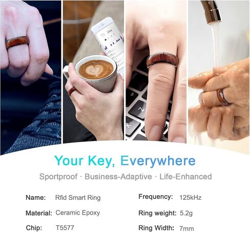 Koa Wood Band Inlay RFID Smart Ring سيراميك إيبوكسي أسود أو مطلي بالذهب معرف T5577 / IC CUID (GEN2) رقاقة استنساخ قابلة لإعادة الكتابة 125 كيلو هرتز / 13.56 ميجا هرتز حلقة بطاقات المفاتيح للتحكم في الوصول in Kuwait