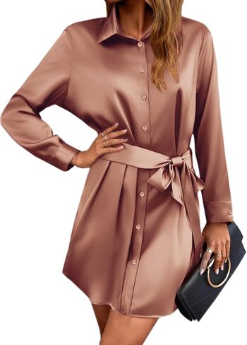 Zeagoo Women's Stain Long Sleeve Dress Button Down Shirts Tunic Dresses Casual V-Neck Mini Dress with Belt in Kuwait