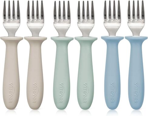 6 Pieces Toddler Forks，Kids Safe Utensils Set with Silicone Round Handle for Self Feeding，18/8 Stainless Steel Baby Forks，Children's Silverware Set BPA Free, Dishwasher Safe in Kuwait