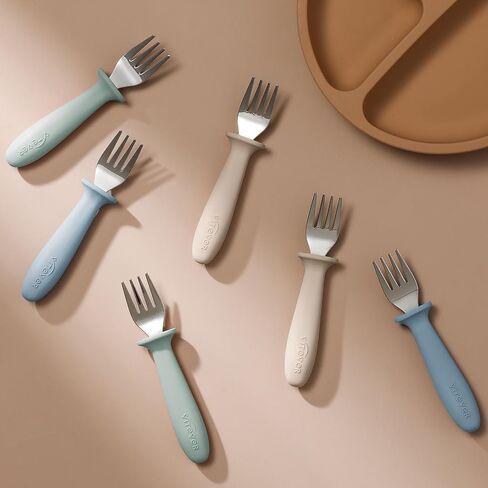 6 Pieces Toddler Forks，Kids Safe Utensils Set with Silicone Round Handle for Self Feeding，18/8 Stainless Steel Baby Forks，Children's Silverware Set BPA Free, Dishwasher Safe in Kuwait