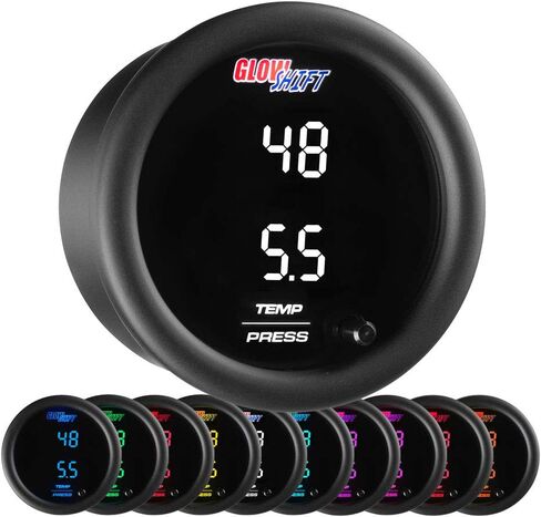 GlowShift 10 Color Digital Dual Celsius Temperature & BAR Pressure Gauge Kit - for Boost, Oil PSI, Water & Trans Temp - Includes Electronic Sensors - 2 Multi-Color LED Displays - Tinted Lens - 52mm in Saudi Arabia