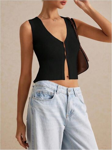 Floerns Women's Summer Sleeveless Knit Sweater Vest V Neck Slit Hem Tank Top in Saudi Arabia