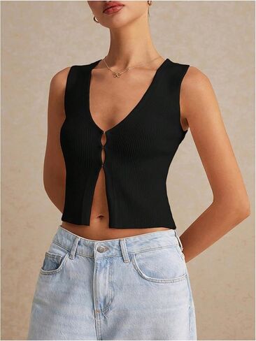Floerns Women's Summer Sleeveless Knit Sweater Vest V Neck Slit Hem Tank Top in Saudi Arabia