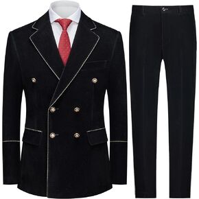 MOGU Men's 2 Piece Velvet Suit Double Breasted Tuxedo Slim Fit Set Gold Buttons Suits Party Casual Formal in Saudi Arabia