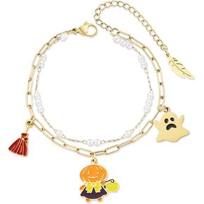 LETFLY Halloween Bracelets for Women, 18K Gold Plated Pumpkin Spider Ghost Witch Charms, Stackable Beaded Bracelet Jewelry Gifts for Women in Kuwait