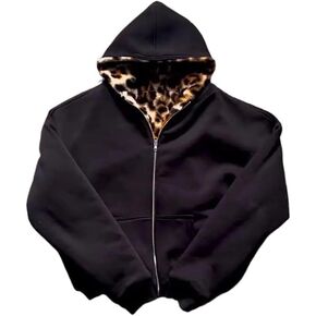 سترة بغطاء للرأس من CUTEGAL مقاس كبير بطبعة الفهد سترة قابلة للعكس ملابس الشارع الشهير سترات الجرونج بغطاء للرأس ملابس الشارع in Kuwait