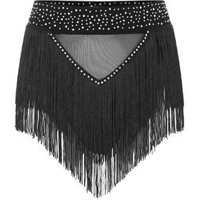 Womens Shiny Rhinestone Tassel Fringe Dance Skirt Ballroom Latin Salsa Tango Samba Rumba Dancing Performance Costume for Dance and Performance(Black,S) in Kuwait