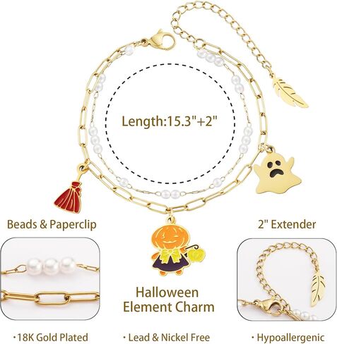 LETFLY Halloween Bracelets for Women, 18K Gold Plated Pumpkin Spider Ghost Witch Charms, Stackable Beaded Bracelet Jewelry Gifts for Women in Kuwait