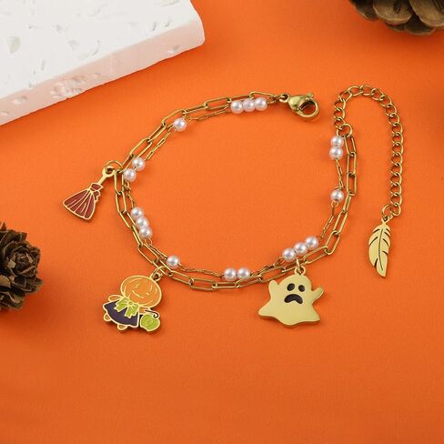 LETFLY Halloween Bracelets for Women, 18K Gold Plated Pumpkin Spider Ghost Witch Charms, Stackable Beaded Bracelet Jewelry Gifts for Women in Kuwait