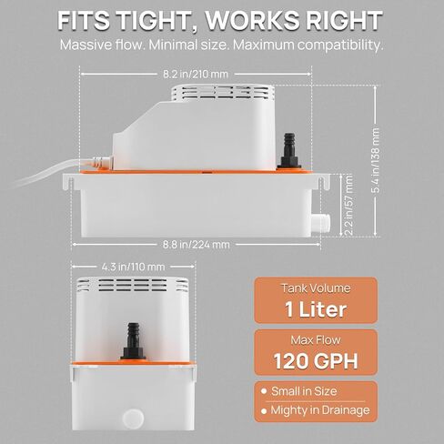 TURBRO Mini-Split Condensate Pump for HVAC, 66ft Maximum Head, 10.5 GPH Maximum Flow, 1.4oz Reservoir, Automatic Condensation Removal for Air Conditioner, Dehumidifier, Furnace, Ice Maker in Kuwait