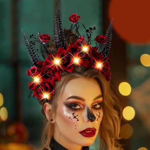 Halloween Light Up Headband LED Mexican Flower Crown Hairband Glowing Day of the Dead Headpiece Festival Party Costume Hair Accessories for Women in Saudi Arabia