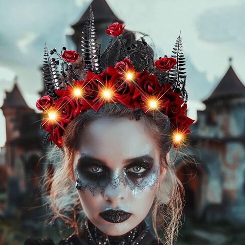 Halloween Light Up Headband LED Mexican Flower Crown Hairband Glowing Day of the Dead Headpiece Festival Party Costume Hair Accessories for Women in Saudi Arabia