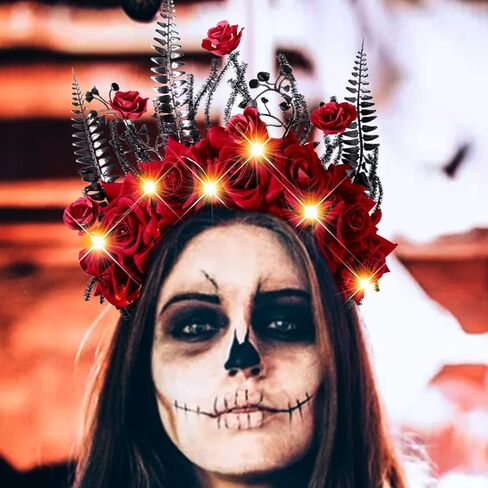 Halloween Light Up Headband LED Mexican Flower Crown Hairband Glowing Day of the Dead Headpiece Festival Party Costume Hair Accessories for Women in Saudi Arabia