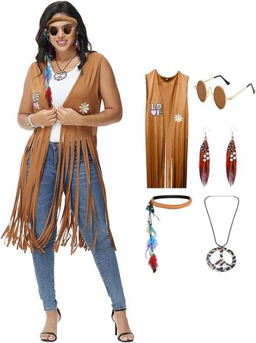 Hippie Clothes 60s 70s Outfits for Women Halloween Costume Fringe Vest 70's Disco Outfit Accessories in Saudi Arabia