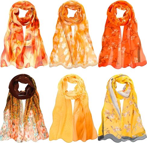 6 Pcs Fall Scarf for Women, Orange Scarfs Lightweight Print Floral Pattern Autumn Wrap Scarves for All Season in Saudi Arabia