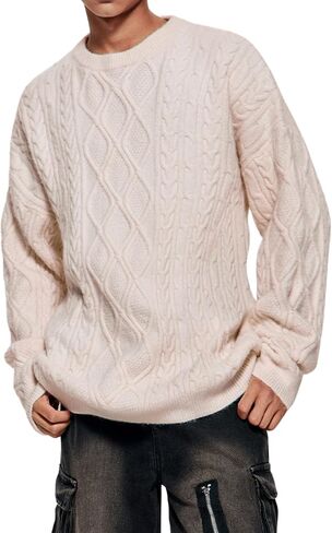 Vamtac Oversized Cable Knit Sweaters Long Sleeve Knitted Casual Pullover Sweater Solid Vintage Unisex Crewneck Loose Top in Kuwait