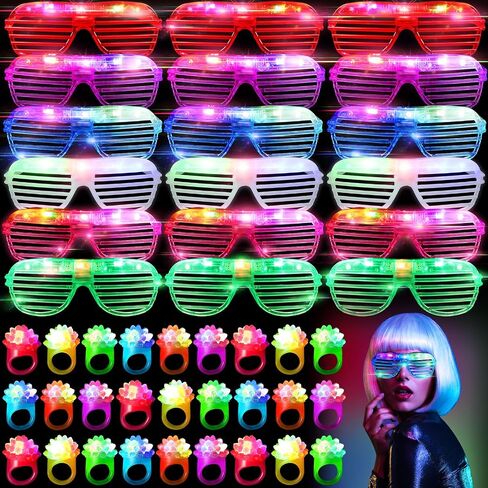 Honoson 72 Pcs LED Light up Party Favors Halloween Glow in The Dark Neon Party Supplies Include 36 Shutter Shades LED Glasses 36 Flashing Strawberry Light up Rings for for Adults in Saudi Arabia