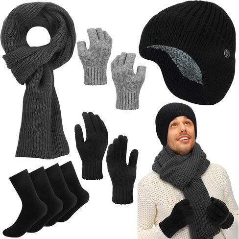 8 Pcs Winter Warm Set for Men Black Knitted Beanie Earflap Cap Touchscreen Half Finger Glove Scarf Socks in Kuwait