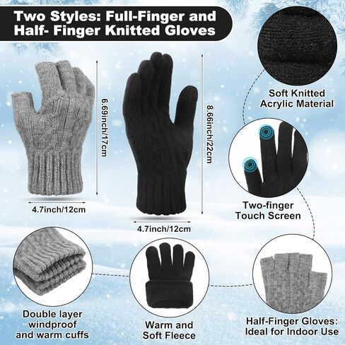 8 Pcs Winter Warm Set for Men Black Knitted Beanie Earflap Cap Touchscreen Half Finger Glove Scarf Socks in Kuwait